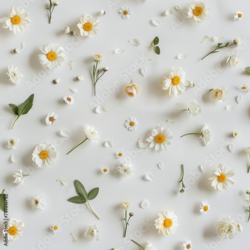 White Flowers and Green Leaves on White Surface