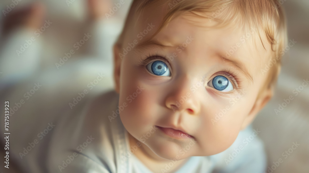 adorable baby with bright blue eyes looking up curiously