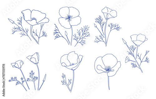 silhouettes of poppies flowers. Eschscholzia plant - vector set of design elements