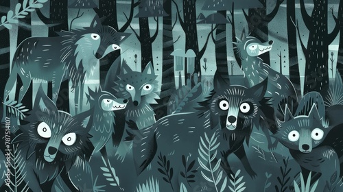 Pattern of wolves in a threatening forest with quirky cartoon characters in the background