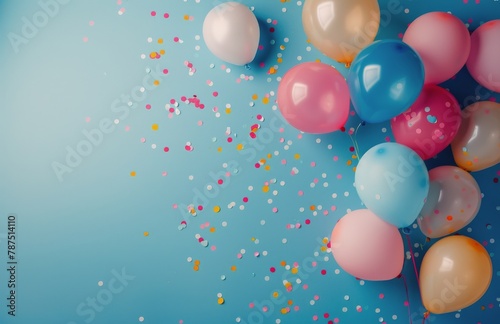 Group of Balloons With Confetti on Blue Background