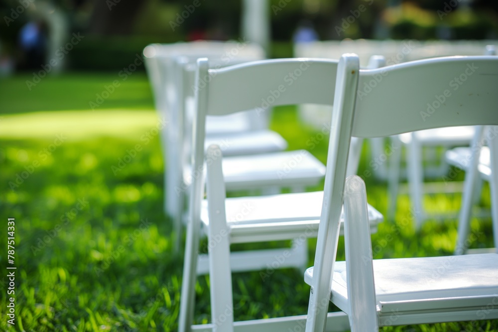 White chairs on green grass background, program chairs on outdoor, white chairs for program outdoor, meeting chair, chair for meeting outdoor, chair closeup