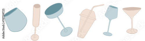 Cocktail glass, plastic cup set. Drink beverages icons. Dood color vector illustration
