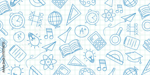 Seamless pattern with hand-drawn school supplies. Back to school. Vector illustration