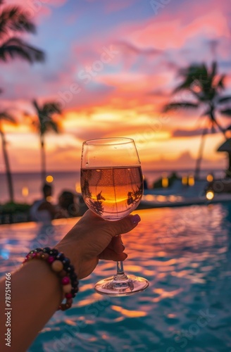 Person Holding Wine Glass by Swimming Pool