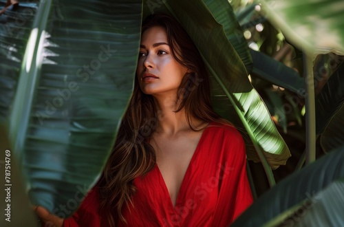 Woman in Red Dress Standing in Jungle