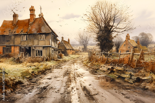 Watercolor of a deserted UK country road and a ruined house. Old European medieval style houses, buildings, barns and fields. Cloudy sky.