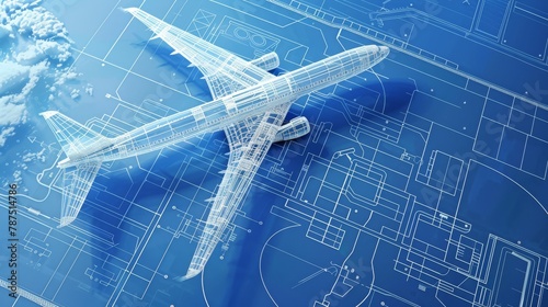 on blue paper technical diagram of airliner, 