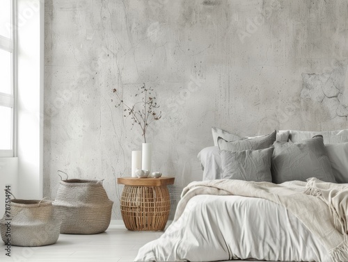 Bedroom With Concrete Wall and White Bedding