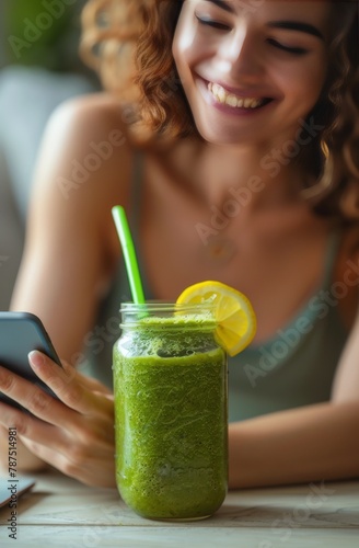 Woman Holding Cell Phone Next to Green Smoothie