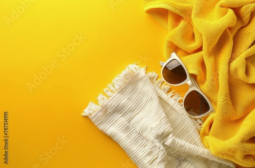 Sunglasses and Towel on Yellow Background