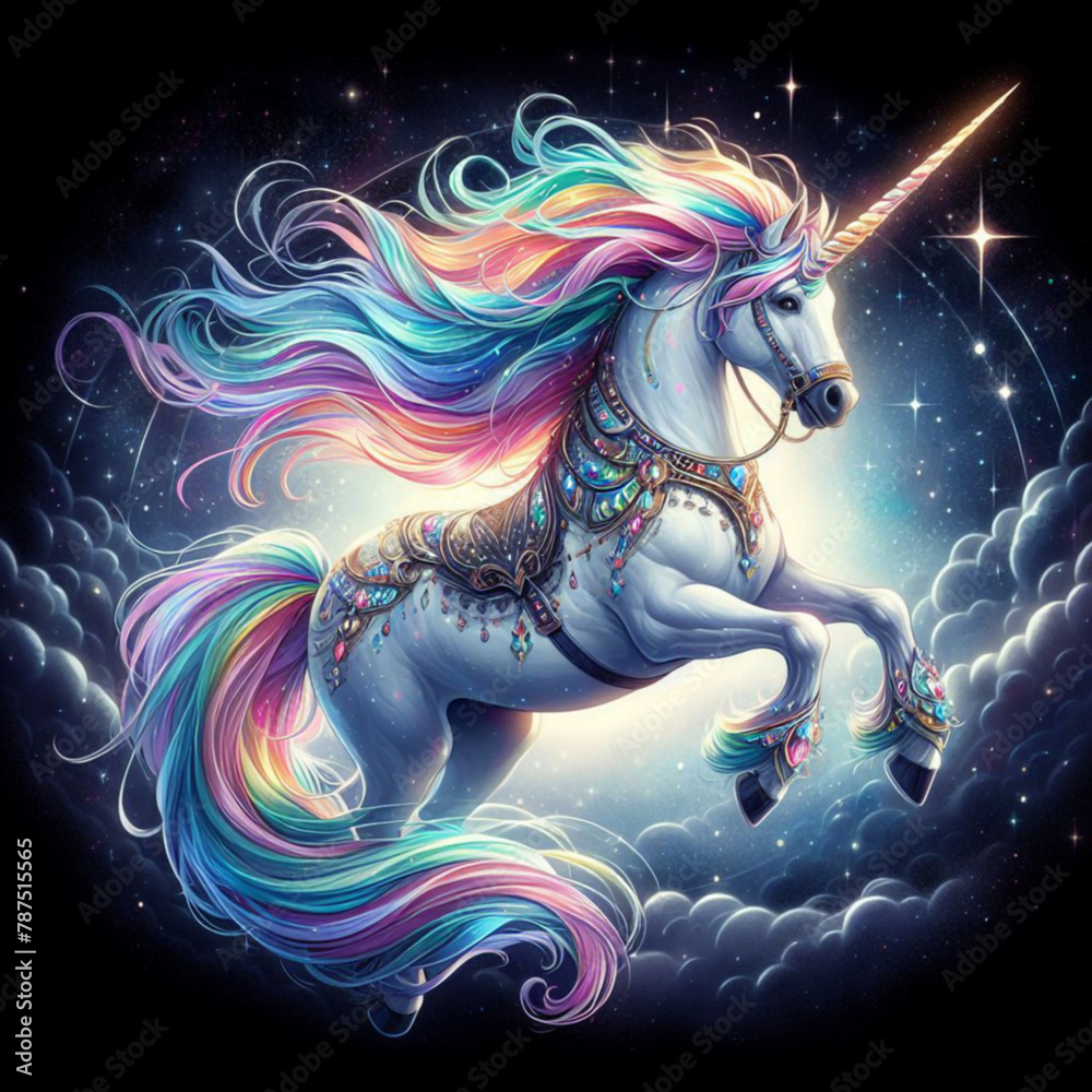 Majestic Unicorn with Rainbow Mane and Tail Rearing Up on Clear Sky Background