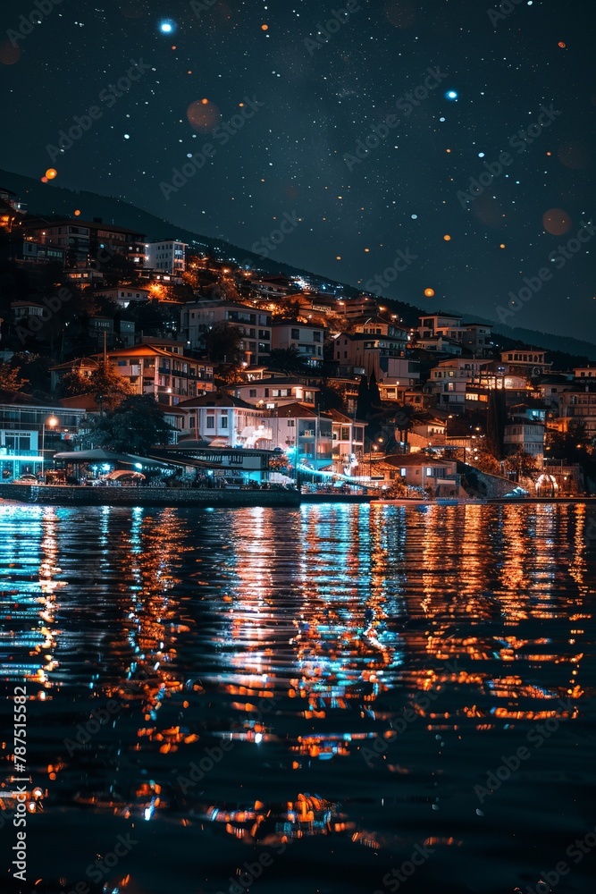 A night view of a coastal city with sparkling lights reflecting in the water below. The city skyline is outlined with bright, twinkling lights that create a stunning reflection on the calm waters