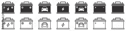 Set of car battery icons. Car accumulator symbol, auto battery, energy generator, power battery, electric accumulator charger. Vector. EPS10.