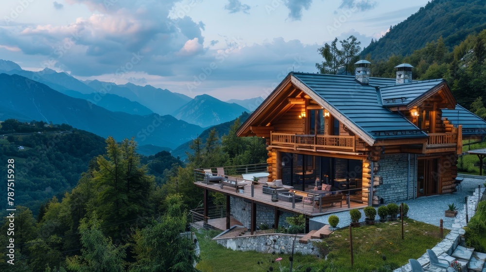 A cozy wooden cottage with a sloped roof and panoramic mountain views  AI generated illustration