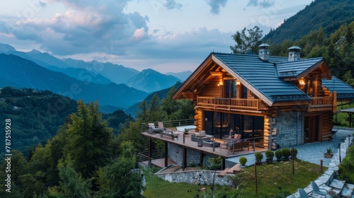 A cozy wooden cottage with a sloped roof and panoramic mountain views AI generated illustration