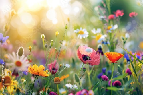 Field Bursting With Colorful Wildflowers and Daisies