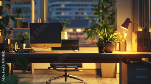 A 3d illustration of a desk in a contemporary office lit by evening light AI generated illustration