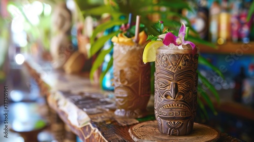 Two Tiki Glasses on Wooden Table