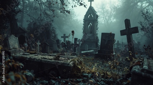 A creepy old cemetery with twisted tombstones  AI generated illustration