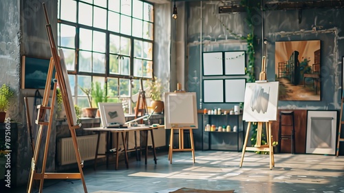 A modern art studio with easels and canvases for painting  AI generated illustration photo