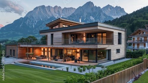 A modern property with a sleek wooden facade and mountain views  AI generated illustration © ArtStage