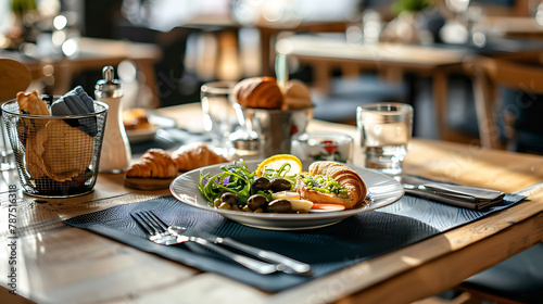 The table is made of wood and is adorned with dark blue placemats. A white plate is placed on the placemat, showcasing an assortment of food items