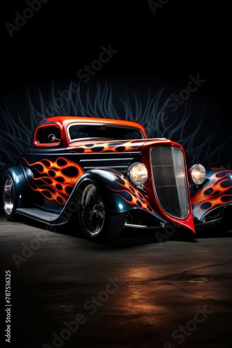 A custom-built hot rod with flames painted on the hood and side panels