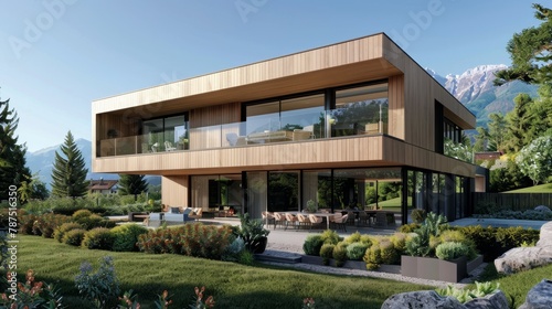 A modern property with a wooden facade and panoramic window views  AI generated illustration © ArtStage