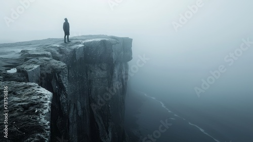 A mysterious figure standing at the edge of a cliff  AI generated illustration