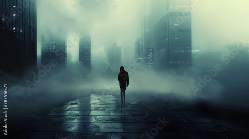A mysterious figure walking alone through a dark and foggy cityscape  AI generated illustration