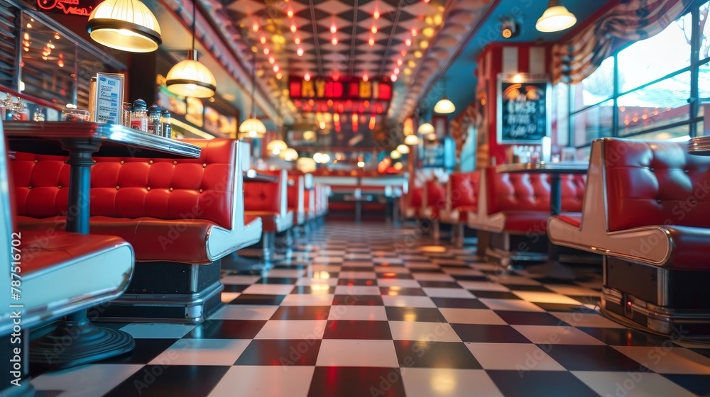 A retro diner with checkered floors and vinyl booths  AI generated illustration