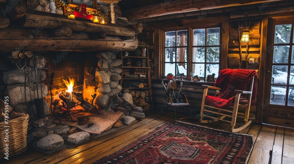 A rustic cabin with a cozy fireplace and wooden furniture  AI generated illustration