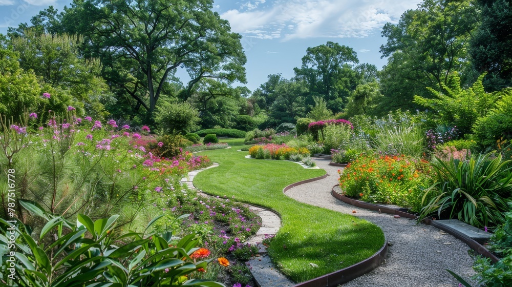 Fototapeta premium A serene garden with blooming flowers and winding paths AI generated illustration