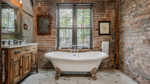 A rustic bathroom with a clawfoot tub and exposed brick walls  AI generated illustration