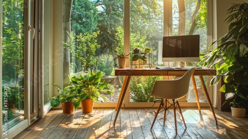 A serene home office with a large window overlooking a peaceful garden AI generated illustration