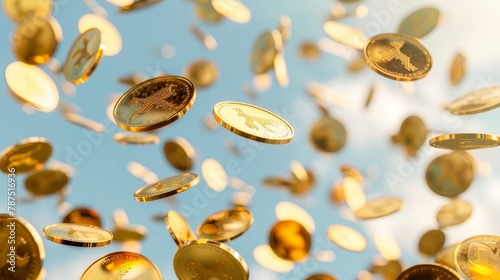 A series of golden coins falling from the sky  AI generated illustration
