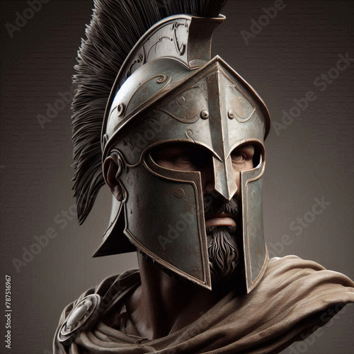 Spartan warrior in armor with shield, antique Greek military soldier. Illustration of an antique spartan warrior in armor with a spear in the forest, an ancient soldier in a helmet. 