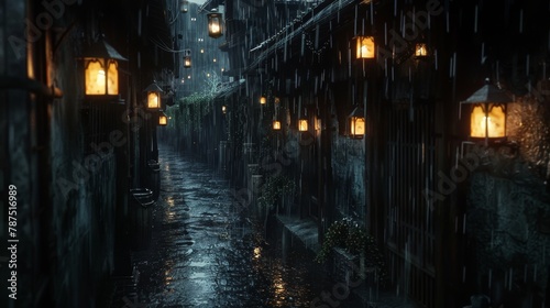 A sinister alleyway lined with ghostly lanterns AI generated illustration