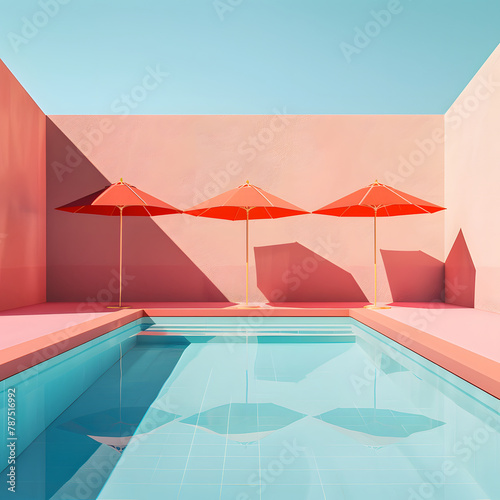 Summer swimming pool in a hotel with orange umbrellas, surrounded by a Mexican terracotta colored wall, blue sky in the background.