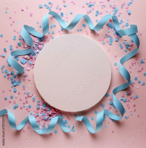 White Circle Surrounded by Blue and White Confetti