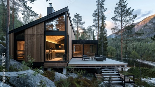 A sleek wooden cabin surrounded by pine trees and mountain vistas  AI generated illustration © ArtStage