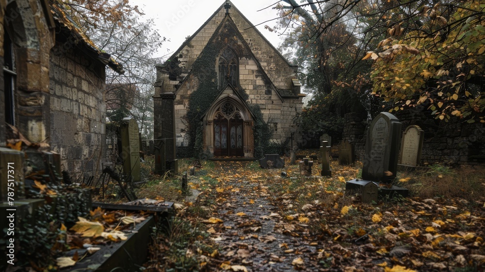 A spooky graveyard with a dilapidated chapel AI generated illustration A spooky graveyard with a dilapidated chapel AI generated illustration