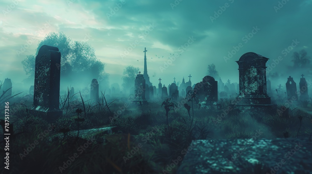 A spooky graveyard with eerie mist drifting through the tombstones AI generated illustration A spooky graveyard with eerie mist drifting through the tombstones AI generated illustration