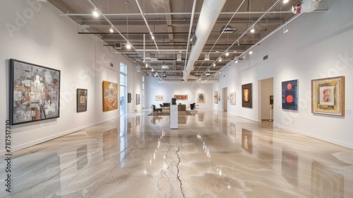 A spacious art gallery with white walls and track lighting  AI generated illustration