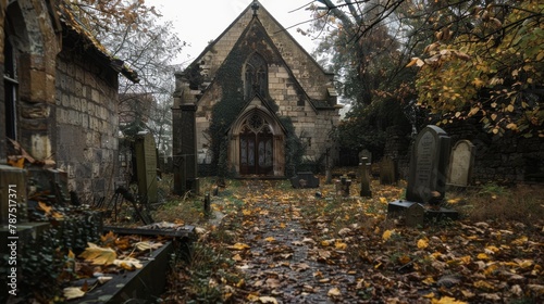 A spooky graveyard with a dilapidated chapel  AI generated illustration