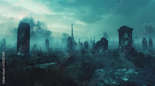 A spooky graveyard with eerie mist drifting through the tombstones  AI generated illustration photo