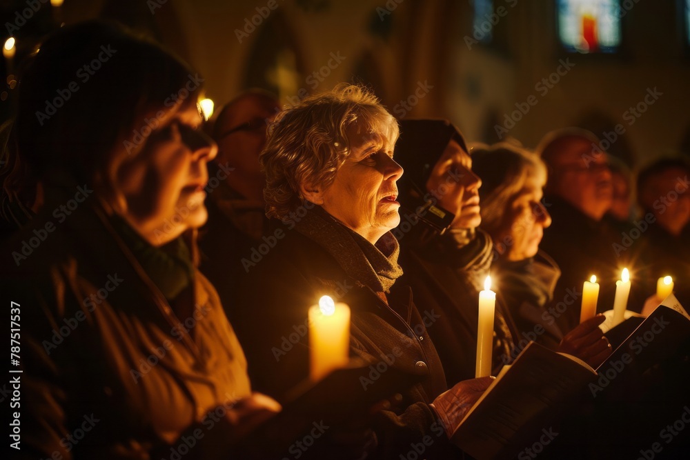A group of mourners gathered together, holding candles in their hands while singing a hymn in remembrance
