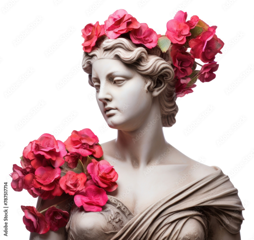 PNG Ancient female Greek sculpture decorate with Rose flowers portrait rose art. PNG Ancient female Greek sculpture decorate with Rose flowers portrait rose art.