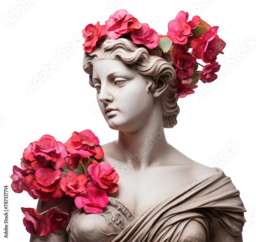 PNG Ancient female Greek sculpture decorate with Rose flowers portrait rose art.